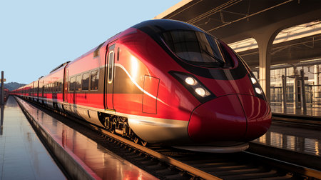 Modern high-speed train on the platform at sunset. At the train stationの素材