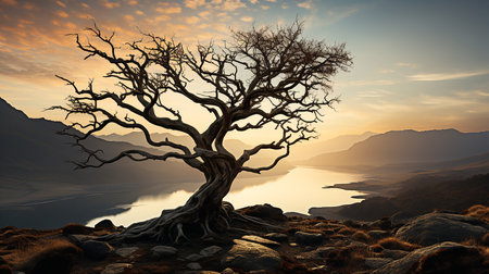 Fantasy landscape with a dead tree on a mountain lake at sunsetの素材