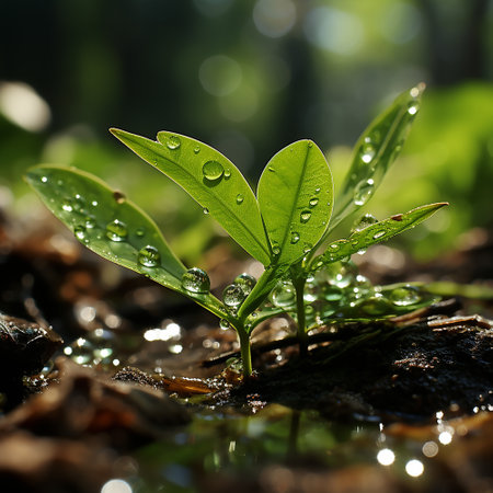 Green sprout with dew drops on the ground in the forestの素材