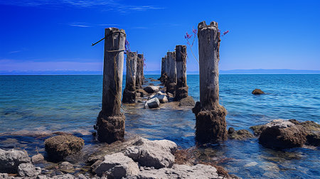 Wooden breakwaters on the shore of Lake Baikal, Russiaの素材