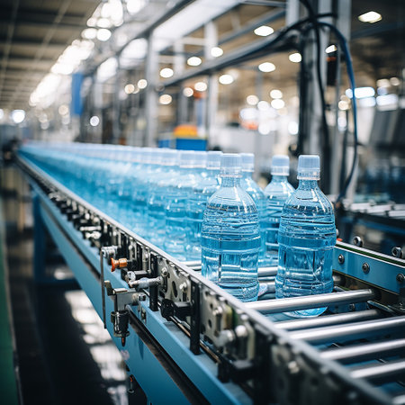Water bottles in the industrial production process in conveyor line, factory process, coveyor line, background are factoryの素材