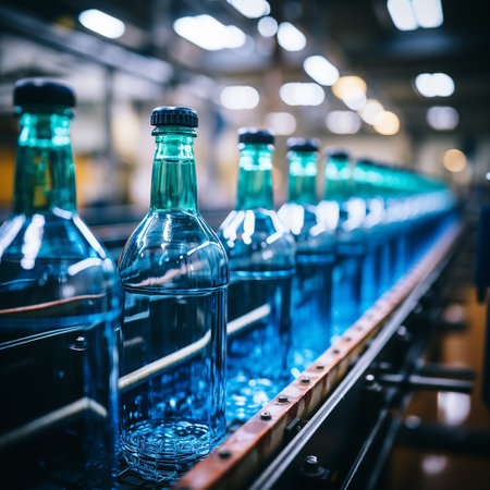 Water bottles in the industrial production process in conveyor line, factory process, coveyor line, background are factoryの素材