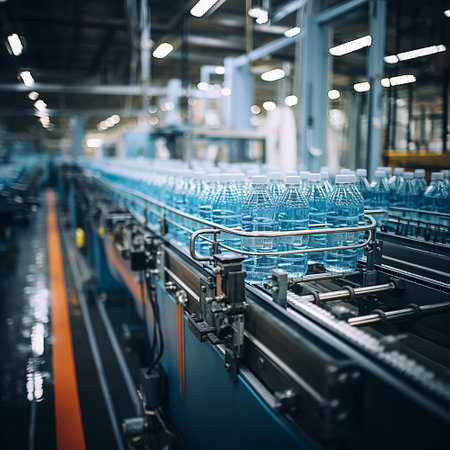 Water bottles in the industrial production process in conveyor line, factory process, coveyor line, background are factoryの素材