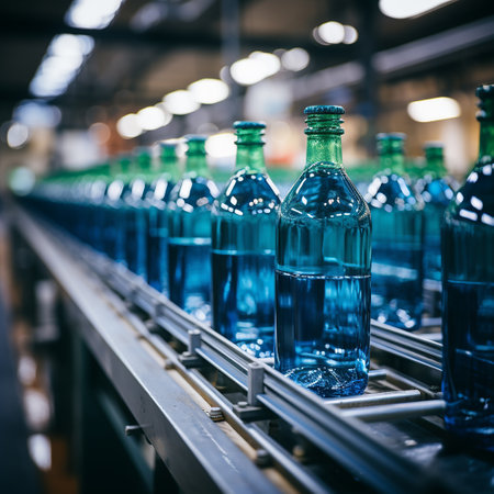 Water bottles in the industrial production process in conveyor line, factory process, coveyor line, background are factoryの素材