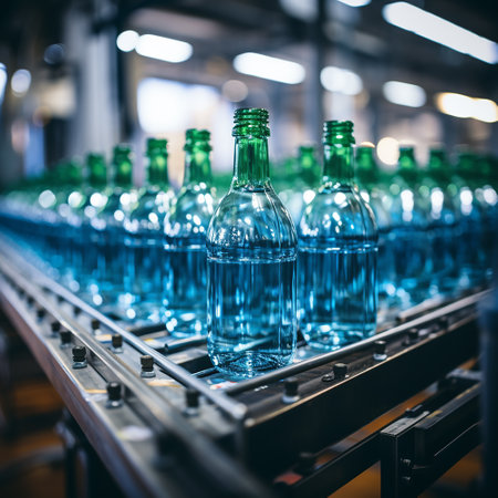 Water bottles in the industrial production process in conveyor line, factory process, coveyor line, background are factoryの素材