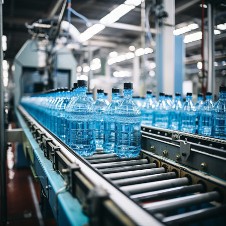 Water bottles in the industrial production process in conveyor line, factory process, coveyor line, background are factoryの素材