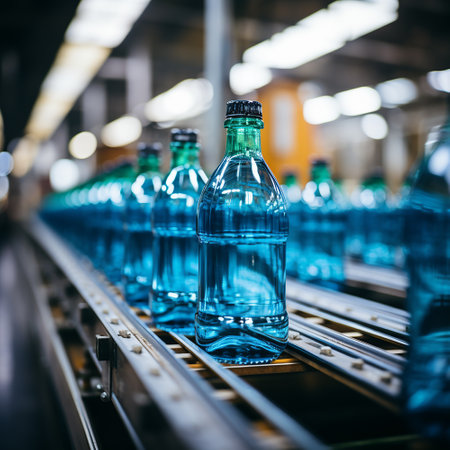 Water bottles in the industrial production process in conveyor line, factory process, coveyor line, background are factoryの素材