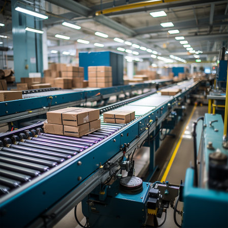 Production line of the factory. Conveyor belt with cardboard boxes. Industrial backgroundの素材