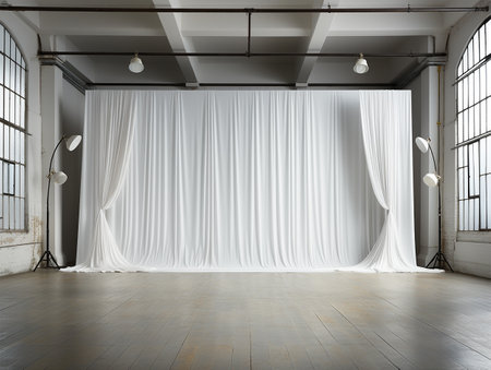 White curtains in the interior of an industrial building. 3d renderingの素材