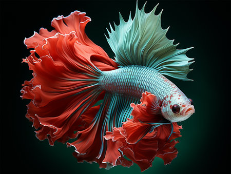 Capture the moving moment of red-blue siamese fighting fish isolated on black background. betta fish.の素材