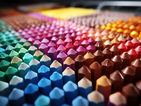 Colored pencils in a row, close-up. Selective focus.の素材