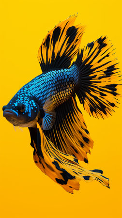 Siamese fighting fish isolated on yellow background. Betta fish.の素材