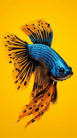 Capture the moving moment of blue siamese fighting fish isolated on yellow background. Betta fish.の素材