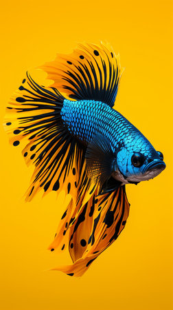 Capture the moving moment of blue siamese fighting fish isolated on yellow background. betta fish.の素材