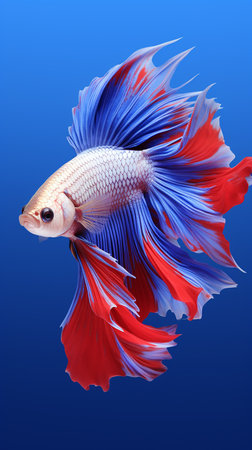 Capture the moving moment of red-blue siamese fighting fish isolated on blue background. betta fish.の素材