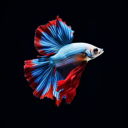 Capture the moving moment of red-blue siamese fighting fish isolated on black background. betta fish.の素材
