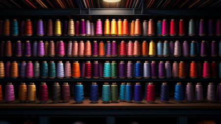 Colorful sewing threads on a shelf in a tailor shop. 3d renderingの素材