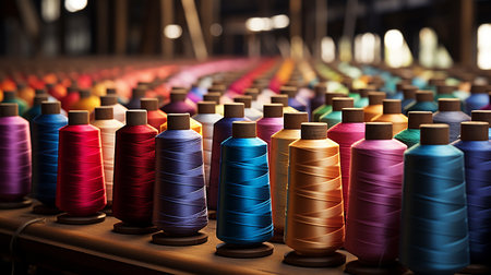 Colorful spools of thread on a spinning machine in a textile factoryの素材