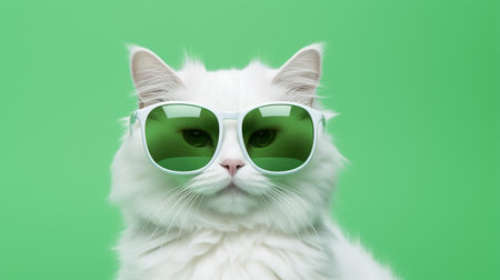 Portrait of a white cat wearing green sunglasses on a green backgroundの素材