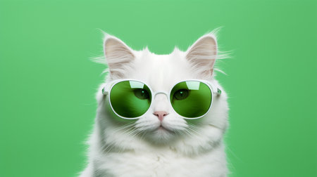 Portrait of a white cat wearing green sunglasses on a green backgroundの素材