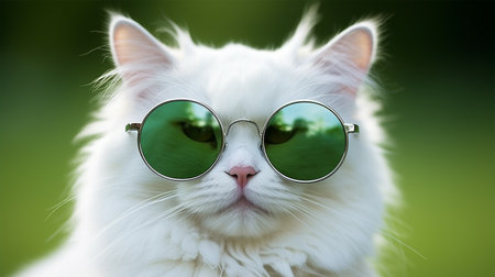 Portrait of white persian cat wearing green round sunglasses on green background.の素材