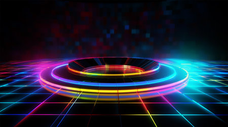 abstract background with neon lights and circle podium, 3d renderの素材