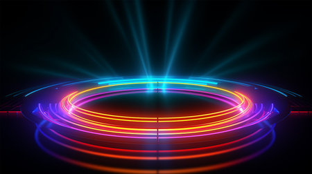 Neon circle stage background. Laser show. Vector stock illustration.の素材