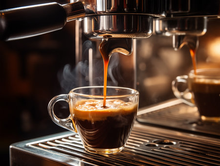 Coffee pouring into a cup from a coffee machine on a dark backgroundの素材