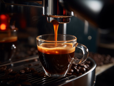 espresso machine pouring fresh coffee into a cup, close-upの素材