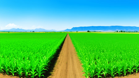Green corn field and blue sky. Agricultural landscape. 3D renderingの素材