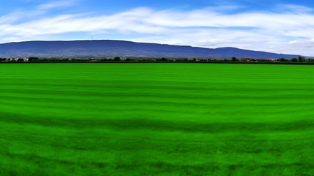 Green field and blue sky with white clouds. 3d rendering.の素材