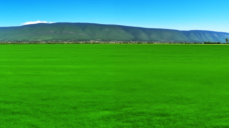 Green meadow with mountains and blue sky. Panoramic view.の素材