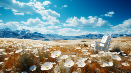 Composite image of chair in grassland against blue sky with cloudsの素材