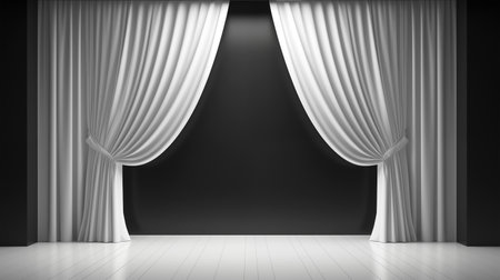 3d render of a stage with white curtains and a black wallの素材