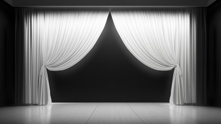 Black stage with white curtains, 3d rendering. Computer digital drawing.の素材
