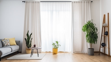 Modern living room interior design with white curtains and plants. 3d renderingの素材
