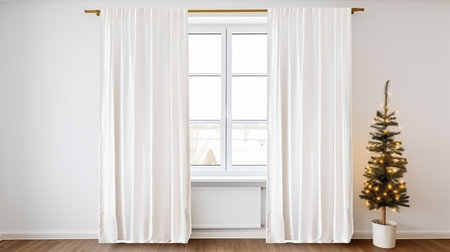 Christmas tree in a white room with white curtains. 3d renderingの素材