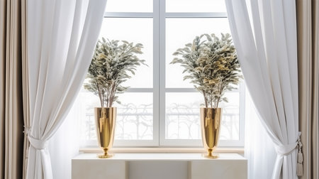 Interior design of living room with white curtains and decorative plants in vases. 3d renderの素材