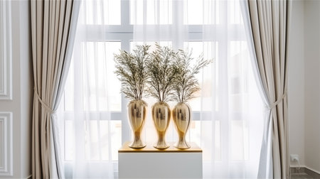 3d render of vases with plants in front of the windowの素材