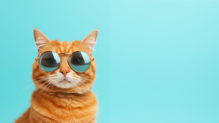 Cute ginger cat wearing sunglasses on blue background. Space for textの素材