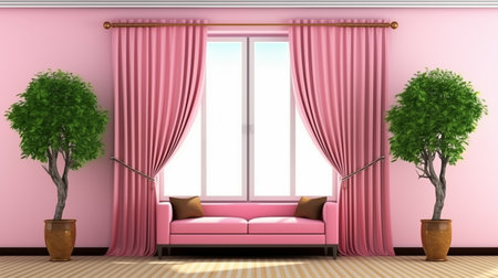 Interior of living room with pink curtain - 3D Renderingの素材