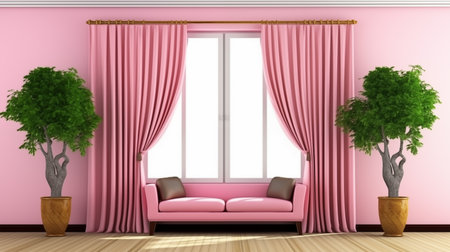 Interior of living room with pink curtains and a pink sofa - renderingの素材