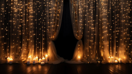 Beautiful curtains with candles in the dark. 3D rendering.の素材