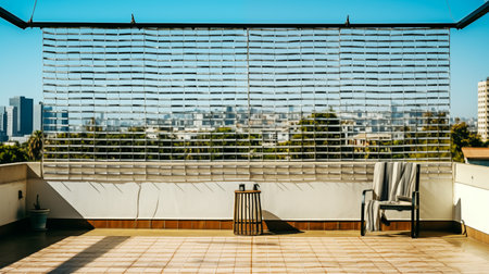 Outdoor balcony with view of the city and skyscrapers.の素材