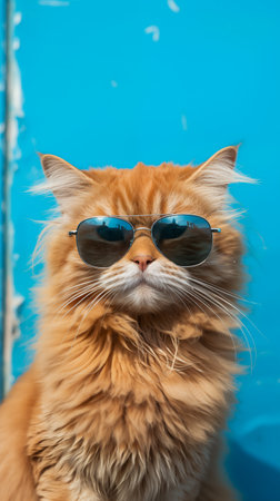 Cute ginger cat in sunglasses on blue background. Fluffy pet.の素材