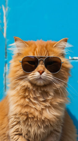 Portrait of a beautiful ginger cat with sunglasses on blue background.の素材