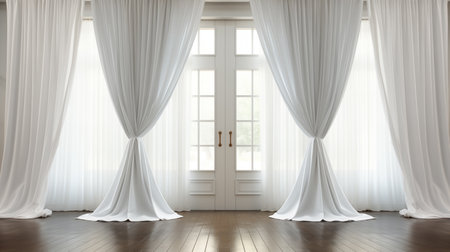 3d rendering of white curtains in a room with a large windowの素材