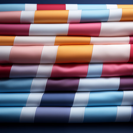 Stack of multicolored checkered shirts isolated on blue backgroundの素材