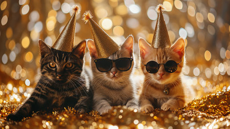 Three kittens in sunglasses and party hats on bokeh background.の素材