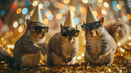 Three cute squirrels in party hats and glasses on background of Christmas lightsの素材